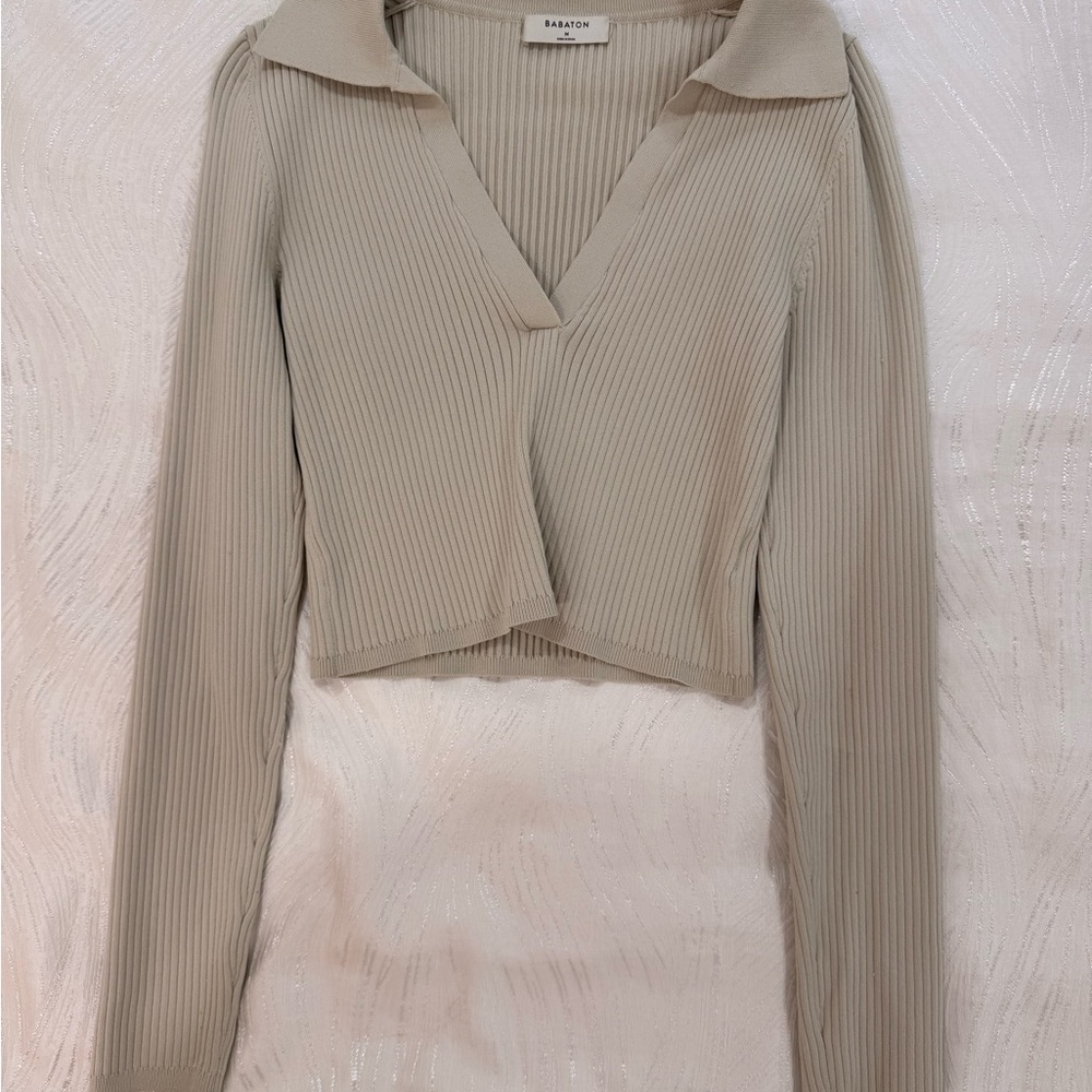 Babaton Taupe Ribbed Long Sleeve Blouse